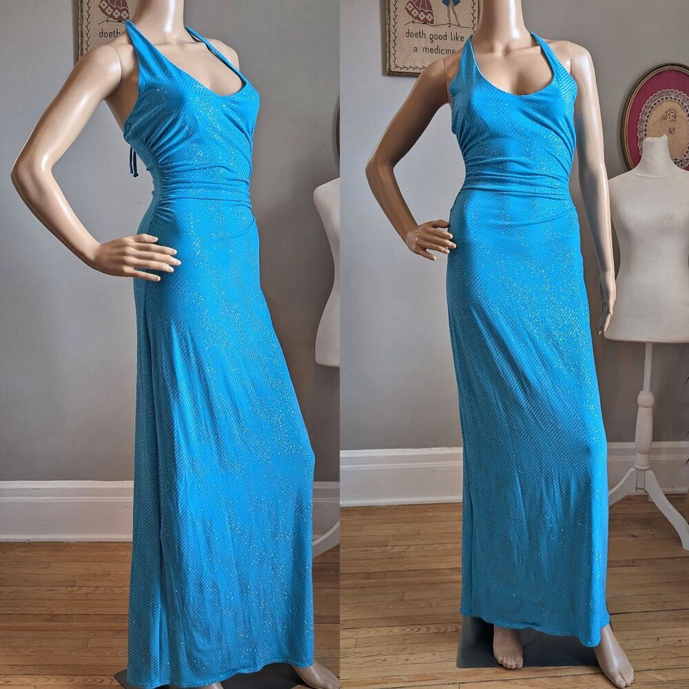 Vintage Y2K City Triangles Prom Dress Glitter Mermaid Blue Halter Size S